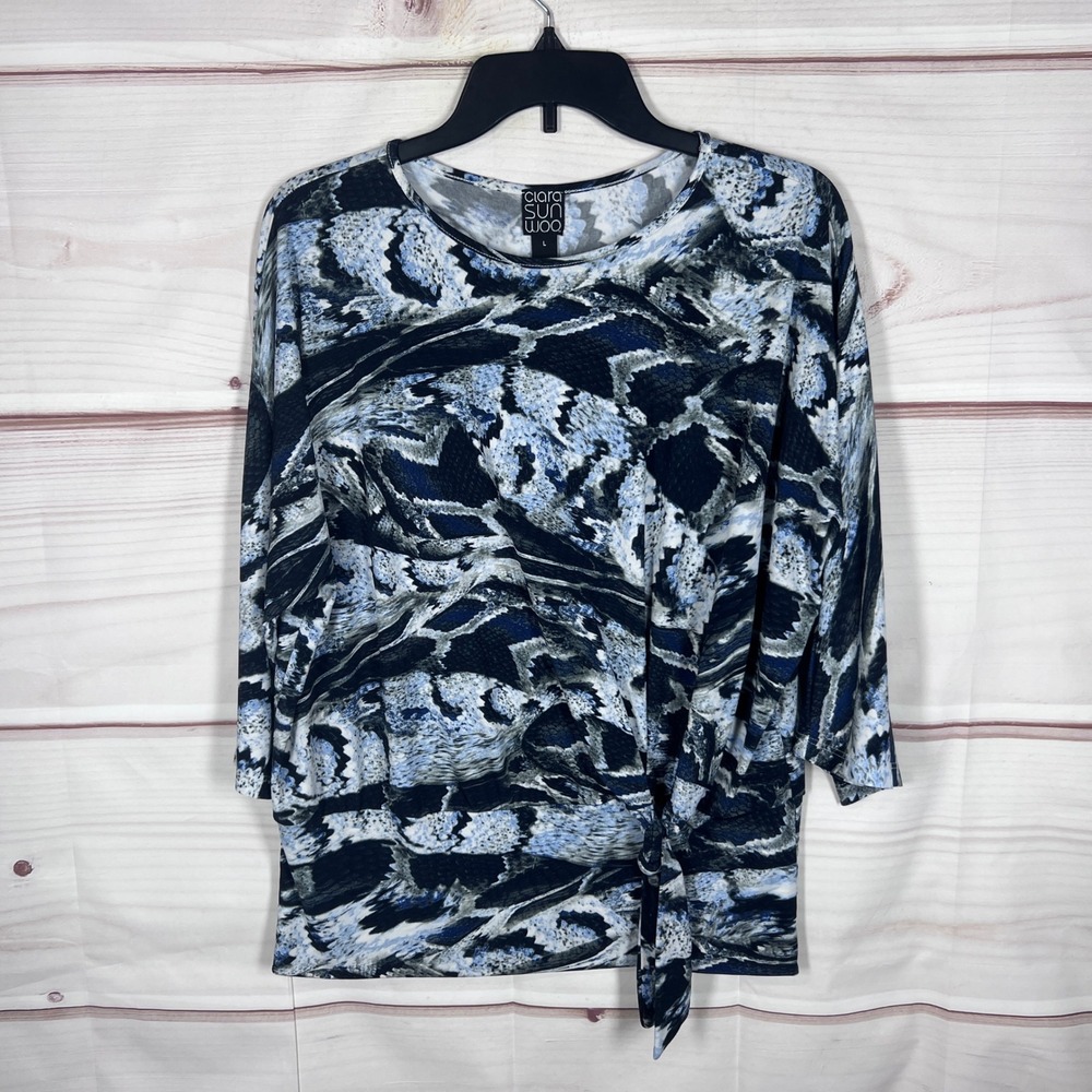 Clara Sunwoo Tie Front Top Women Large Blue Abstract Snake Print 3/4 Sleeve Knit